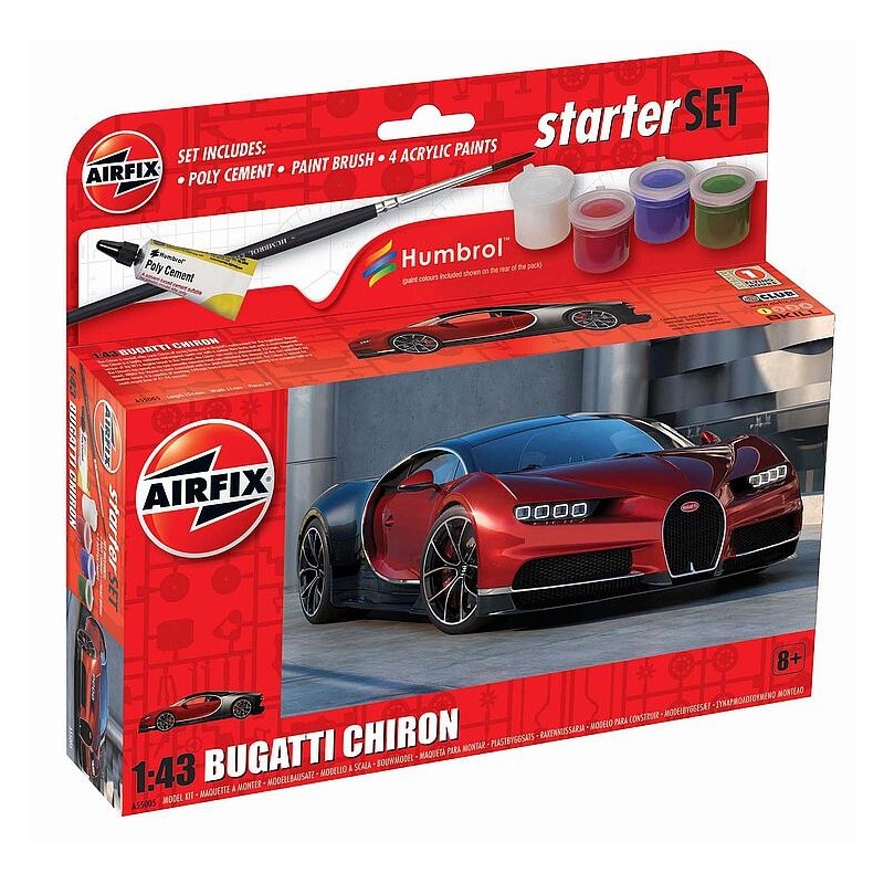 Airfix A55005 1/43 Bugatti Chiron. Plastikmodellbausatz eines englischen Super-Sportwagens aus dem Jahr 2016, mit 39 Teilen. Ink