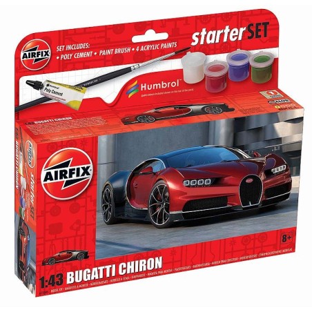 Airfix A55005 1/43 Bugatti Chiron. Plastikmodellbausatz eines englischen Super-Sportwagens aus dem Jahr 2016, mit 39 Teilen. Ink