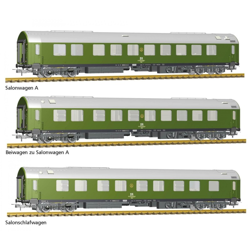 Tillig 70039 Reisezugwagenset "Salonwagenzug 2" der DR, bestehend aus Salonwagen A, Beiwagen zu Salonwagen A und Salonschlafwage