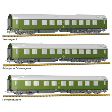 Tillig 70039 Reisezugwagenset "Salonwagenzug 2" der DR, bestehend aus Salonwagen A, Beiwagen zu Salonwagen A und Salonschlafwage